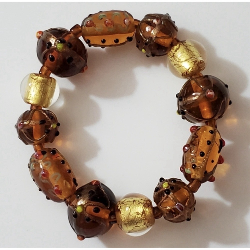 Vtg Murano Lamp Work Beads Venetian Murano Glass Bracelet Italy Amber Gold Foil